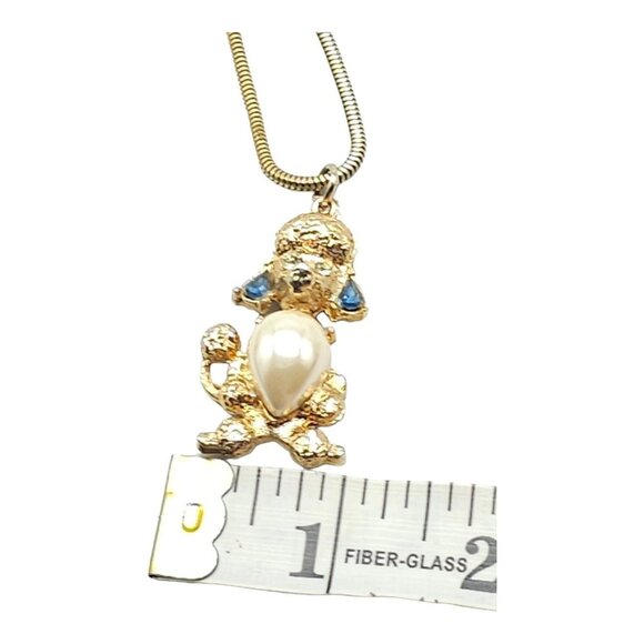 Blue Rhinestone Dog Pendant Snake Chain Necklace Faux Pearl Textured Gold Tone - Picture 8 of 8